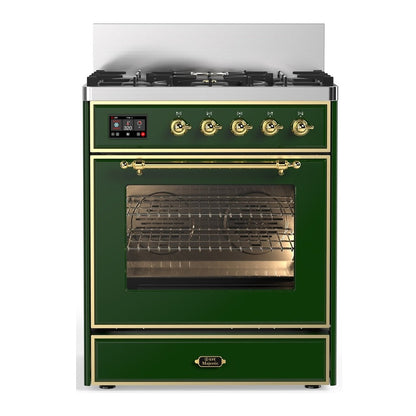 ILVE Majestic III 30-Inch Dual Fuel Range with 5 Sealed Burners, 4 cu. ft. Oven, Emerald Green with Brass Trim, Liquid Propane, Triple Glass Door, UM30NR3EGGLP