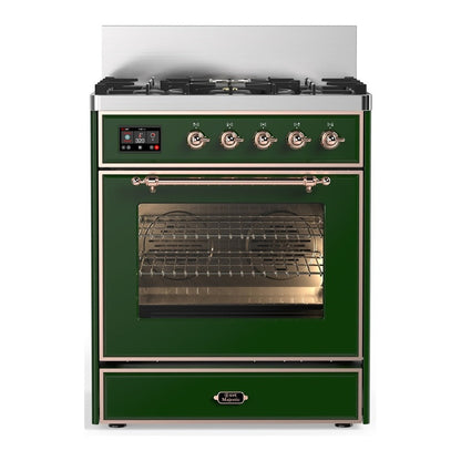 ILVE Majestic III 30-Inch Dual Fuel Range with 5 Sealed Burners, 4 cu. ft. Oven, Emerald Green with Copper Trim, Liquid Propane, Triple Glass Door, UM30NR3EGPLP