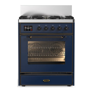 ILVE Majestic III 30-Inch Dual Fuel Range with 5 Sealed Burners, 4 cu. ft. Oven, Mightnight Blue with Burnished Trim, Liquid Propane, Triple Glass Door, UM30NR3MBBLP