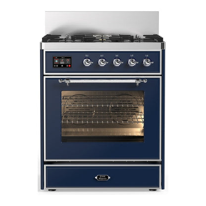 ILVE Majestic III 30-Inch Dual Fuel Range with 5 Sealed Burners, 4 cu. ft. Oven, Mightnight Blue with Chrome Trim, Liquid Propane, Triple Glass Door, UM30NR3MBCLP