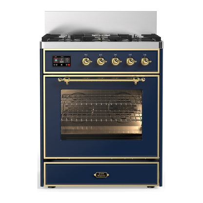 ILVE Majestic III 30-Inch Dual Fuel Range with 5 Sealed Burners, 4 cu. ft. Oven, Mightnight Blue with Brass Trim, Liquid Propane, Triple Glass Door, UM30NR3MBGLP