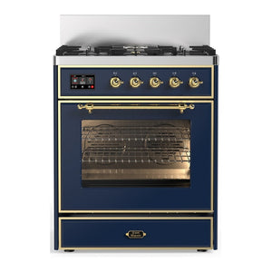 ILVE Majestic III 30-Inch Dual Fuel Range with 5 Sealed Burners, 4 cu. ft. Oven, Mightnight Blue with Brass Trim, Natural Gas, Triple Glass Door, UM30NR3MBG
