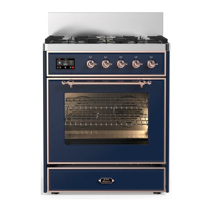 ILVE Majestic III 30-Inch Dual Fuel Range with 5 Sealed Burners, 4 cu. ft. Oven, Mightnight Blue with Copper Trim, Liquid Propane, Triple Glass Door, UM30NR3MBPLP