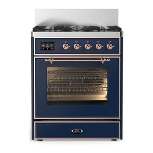 ILVE Majestic III 30-Inch Dual Fuel Range with 5 Sealed Burners, 4 cu. ft. Oven, Mightnight Blue with Copper Trim, Natural Gas, Triple Glass Door, UM30NR3MBP