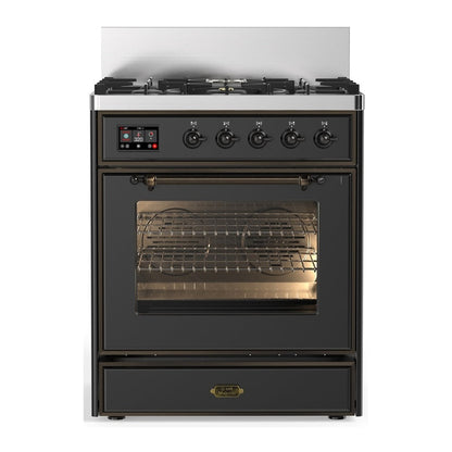 ILVE Majestic III 30-Inch Dual Fuel Range with 5 Sealed Burners, 4 cu. ft. Oven, Matte Graphite with Burnished Trim, Liquid Propane, Triple Glass Door, UM30NR3MGBLP