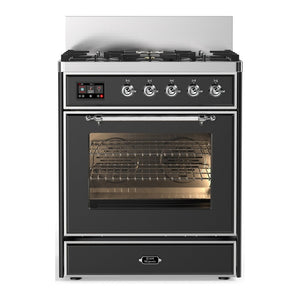 ILVE Majestic III 30-Inch Dual Fuel Range with 5 Sealed Burners, 4 cu. ft. Oven, Matte Graphite with Chrome Trim, Liquid Propane, Triple Glass Door, UM30NR3MGCLP