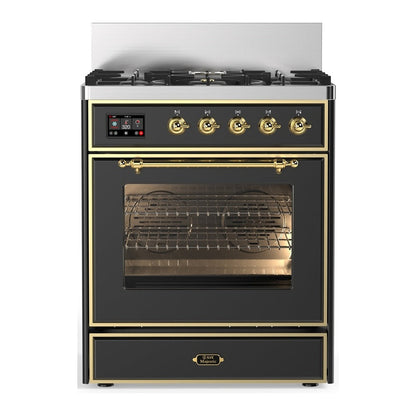 ILVE Majestic III 30-Inch Dual Fuel Range with 5 Sealed Burners, 4 cu. ft. Oven, Matte Graphite with Brass Trim, Natural Gas, Triple Glass Door, UM30NR3MGG