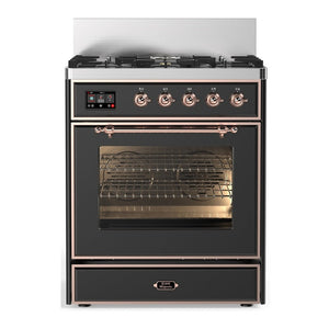 ILVE Majestic III 30-Inch Dual Fuel Range with 5 Sealed Burners, 4 cu. ft. Oven, Matte Graphite with Copper Trim, Natural Gas, Triple Glass Door, UM30NR3MGP