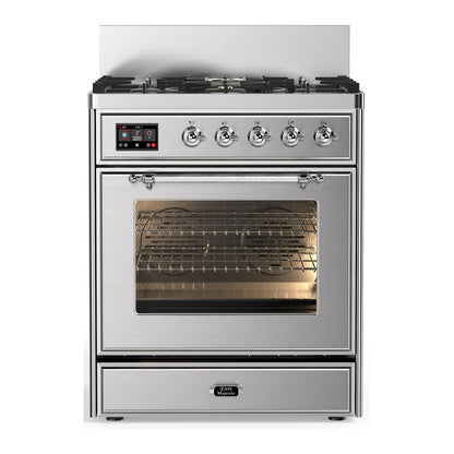 ILVE Majestic III 30-Inch Dual Fuel Range with 5 Sealed Burners, 4 cu. ft. Oven, Stainless Steel with Chrome Trim, Liquid Propane, Triple Glass Door, UM30NR3SSCLP
