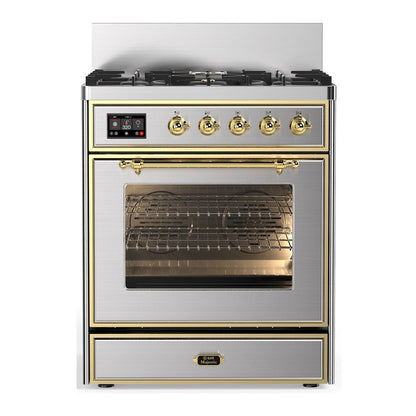ILVE Majestic III 30-Inch Dual Fuel Range with 5 Sealed Burners, 4 cu. ft. Oven, Stainless Steel with Brass Trim, Liquid Propane, Triple Glass Door, UM30NR3SSGLP