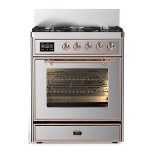 ILVE Majestic III 30-Inch Dual Fuel Range with 5 Sealed Burners, 4 cu. ft. Oven, Stainless Steel with Copper Trim, Natural Gas, Triple Glass Door, UM30NR3SSP