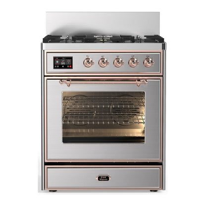 ILVE Majestic III 30-Inch Dual Fuel Range with 5 Sealed Burners, 4 cu. ft. Oven, Stainless Steel with Copper Trim, Natural Gas, Triple Glass Door, UM30NR3SSP