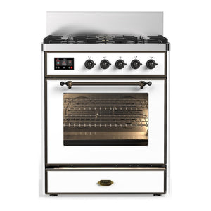 ILVE Majestic III 30-Inch Dual Fuel Range with 5 Sealed Burners, 4 cu. ft. Oven, White with Burnished Trim, Liquid Propane, Triple Glass Door, UM30NR3WHBLP