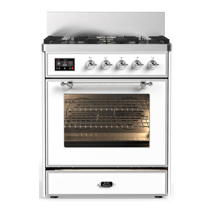 ILVE Majestic III 30-Inch Dual Fuel Range with 5 Sealed Burners, 4 cu. ft. Oven, White with Chrome Trim, Liquid Propane, Triple Glass Door, UM30NR3WHCLP