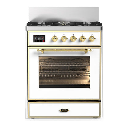 ILVE Majestic III 30-Inch Dual Fuel Range with 5 Sealed Burners, 4 cu. ft. Oven, White with Brass Trim, Liquid Propane, Triple Glass Door, UM30NR3WHGLP