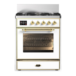 ILVE Majestic III 30-Inch Dual Fuel Range with 5 Sealed Burners, 4 cu. ft. Oven, White with Brass Trim, Natural Gas, Triple Glass Door, UM30NR3WHG