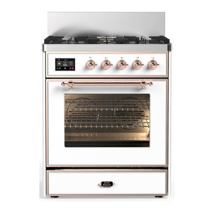 ILVE Majestic III 30-Inch Dual Fuel Range with 5 Sealed Burners, 4 cu. ft. Oven, White with Copper Trim, Liquid Propane, Triple Glass Door, UM30NR3WHPLP