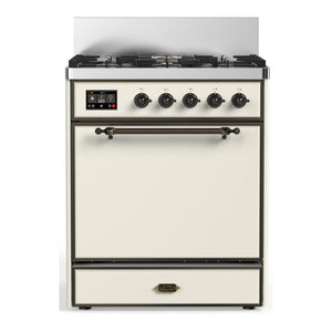 ILVE Majestic III 30-Inch Dual Fuel Range with 5 Sealed Burners, 4 cu. ft. Oven, Antique White with Burnished Trim, Liquid Propane, Solid Door, UM30QNR3AWBLP