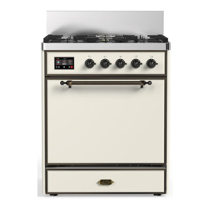ILVE Majestic III 30-Inch Dual Fuel Range with 5 Sealed Burners, 4 cu. ft. Oven, Antique White with Burnished Trim, Natural Gas, Solid Door, UM30QNR3AWB