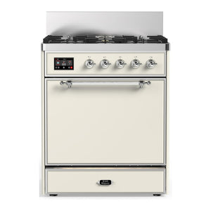 ILVE Majestic III 30-Inch Dual Fuel Range with 5 Sealed Burners, 4 cu. ft. Oven, Antique White with Chrome Trim, Liquid Propane, Solid Door, UM30QNR3AWCLP