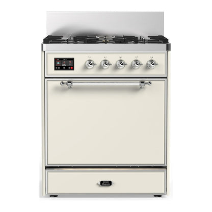 ILVE Majestic III 30-Inch Dual Fuel Range with 5 Sealed Burners, 4 cu. ft. Oven, Antique White with Chrome Trim, Natural Gas, Solid Door, UM30QNR3AWC