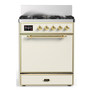 ILVE Majestic III 30-Inch Dual Fuel Range with 5 Sealed Burners, 4 cu. ft. Oven, Antique White with Brass Trim, Liquid Propane, Solid Door, UM30QNR3AWGLP