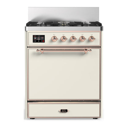 ILVE Majestic III 30-Inch Dual Fuel Range with 5 Sealed Burners, 4 cu. ft. Oven, Antique White with Copper Trim, Liquid Propane, Solid Door, UM30QNR3AWPLP