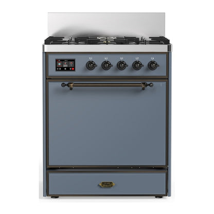 ILVE Majestic III 30-Inch Dual Fuel Range with 5 Sealed Burners, 4 cu. ft. Oven, Blue Grey with Burnished Trim, Natural Gas, Solid Door, UM30QNR3BGB
