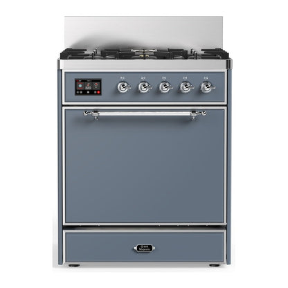 ILVE Majestic III 30-Inch Dual Fuel Range with 5 Sealed Burners, 4 cu. ft. Oven, Blue Grey with Chrome Trim, Natural Gas, Solid Door, UM30QNR3BGC
