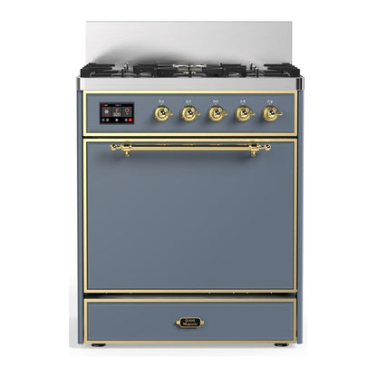 ILVE Majestic III 30-Inch Dual Fuel Range with 5 Sealed Burners, 4 cu. ft. Oven, Blue Grey with Brass Trim, Liquid Propane, Solid Door, UM30QNR3BGGLP