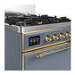 ILVE Majestic III 30-Inch Dual Fuel Range with 5 Sealed Burners, 4 cu. ft. Oven, Blue Grey with Brass Trim, Liquid Propane, Solid Door, UM30QNR3BGGLP