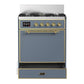 ILVE Majestic III 30-Inch Dual Fuel Range with 5 Sealed Burners, 4 cu. ft. Oven, Blue Grey with Brass Trim, Liquid Propane, Solid Door, UM30QNR3BGGLP