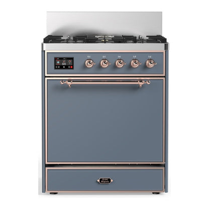 ILVE Majestic III 30-Inch Dual Fuel Range with 5 Sealed Burners, 4 cu. ft. Oven, Blue Grey with Copper Trim, Liquid Propane, Solid Door, UM30QNR3BGPLP