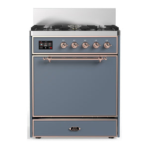 ILVE Majestic III 30-Inch Dual Fuel Range with 5 Sealed Burners, 4 cu. ft. Oven, Blue Grey with Copper Trim, Natural Gas, Solid Door, UM30QNR3BGP