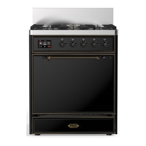 ILVE Majestic III 30-Inch Dual Fuel Range with 5 Sealed Burners, 4 cu. ft. Oven, Glossy Black with Burnished Trim, Liquid Propane, Solid Door, UM30QNR3BKBLP