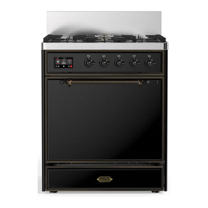 ILVE Majestic III 30-Inch Dual Fuel Range with 5 Sealed Burners, 4 cu. ft. Oven, Glossy Black with Burnished Trim, Natural Gas, Solid Door, UM30QNR3BKB
