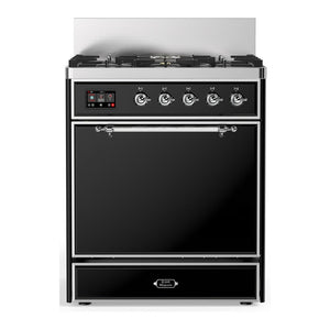 ILVE Majestic III 30-Inch Dual Fuel Range with 5 Sealed Burners, 4 cu. ft. Oven, Glossy Black with Chrome Trim, Natural Gas, Solid Door, UM30QNR3BKC