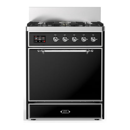 ILVE Majestic III 30-Inch Dual Fuel Range with 5 Sealed Burners, 4 cu. ft. Oven, Glossy Black with Chrome Trim, Natural Gas, Solid Door, UM30QNR3BKC