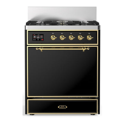 ILVE Majestic III 30-Inch Dual Fuel Range with 5 Sealed Burners, 4 cu. ft. Oven, Glossy Black with Brass Trim, Liquid Propane, Solid Door, UM30QNR3BKGLP