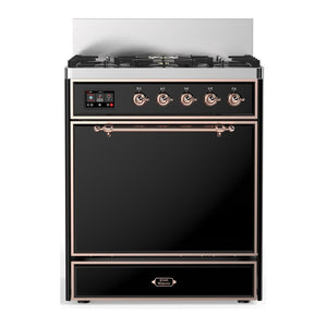ILVE Majestic III 30-Inch Dual Fuel Range with 5 Sealed Burners, 4 cu. ft. Oven, Glossy Black with Copper Trim, Natural Gas, Solid Door, UM30QNR3BKP
