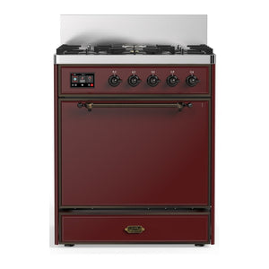 ILVE Majestic III 30-Inch Dual Fuel Range with 5 Sealed Burners, 4 cu. ft. Oven, Burgundy with Burnished Trim, Natural Gas, Solid Door, UM30QNR3BUB