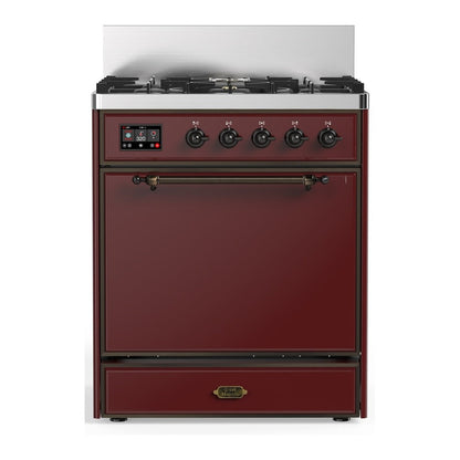 ILVE Majestic III 30-Inch Dual Fuel Range with 5 Sealed Burners, 4 cu. ft. Oven, Burgundy with Burnished Trim, Natural Gas, Solid Door, UM30QNR3BUB