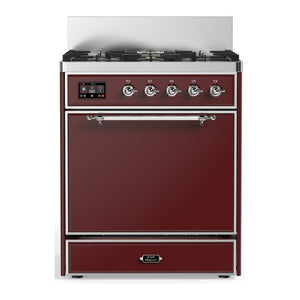 ILVE Majestic III 30-Inch Dual Fuel Range with 5 Sealed Burners, 4 cu. ft. Oven, Burgundy with Chrome Trim, Natural Gas, Solid Door, UM30QNR3BUC