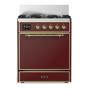 ILVE Majestic III 30-Inch Dual Fuel Range with 5 Sealed Burners, 4 cu. ft. Oven, Burgundy with Brass Trim, Liquid Propane, Solid Door, UM30QNR3BUGLP