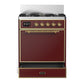 ILVE Majestic III 30-Inch Dual Fuel Range with 5 Sealed Burners, 4 cu. ft. Oven, Burgundy with Brass Trim, Liquid Propane, Solid Door, UM30QNR3BUGLP