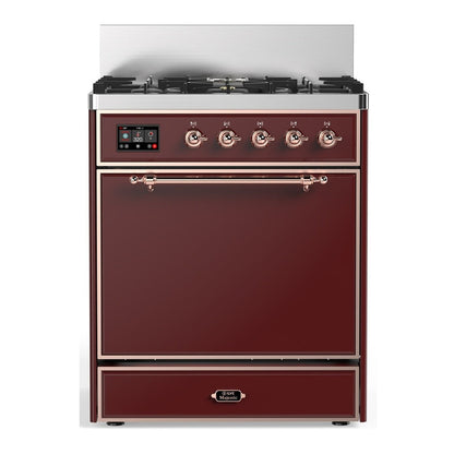 ILVE Majestic III 30-Inch Dual Fuel Range with 5 Sealed Burners, 4 cu. ft. Oven, Burgundy with Copper Trim, Liquid Propane, Solid Door, UM30QNR3BUPLP