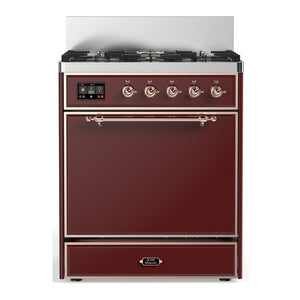 ILVE Majestic III 30-Inch Dual Fuel Range with 5 Sealed Burners, 4 cu. ft. Oven, Burgundy with Copper Trim, Natural Gas, Solid Door, UM30QNR3BUP