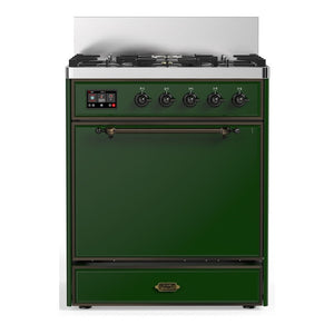 ILVE Majestic III 30-Inch Dual Fuel Range with 5 Sealed Burners, 4 cu. ft. Oven, Emerald Green with Burnished Trim, Liquid Propane, Solid Door, UM30QNR3EGBLP