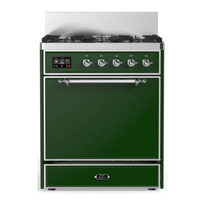 ILVE Majestic III 30-Inch Dual Fuel Range with 5 Sealed Burners, 4 cu. ft. Oven, Emerald Green with Chrome Trim, Liquid Propane, Solid Door, UM30QNR3EGCLP