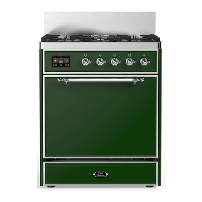 ILVE Majestic III 30-Inch Dual Fuel Range with 5 Sealed Burners, 4 cu. ft. Oven, Emerald Green with Chrome Trim, Liquid Propane, Solid Door, UM30QNR3EGCLP